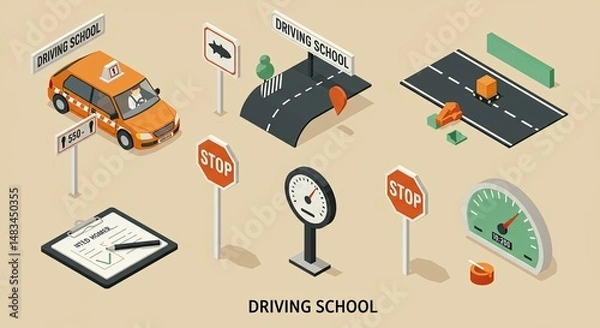 Obraz Isometric illustration of driving school elements with car, road, and traffic signs