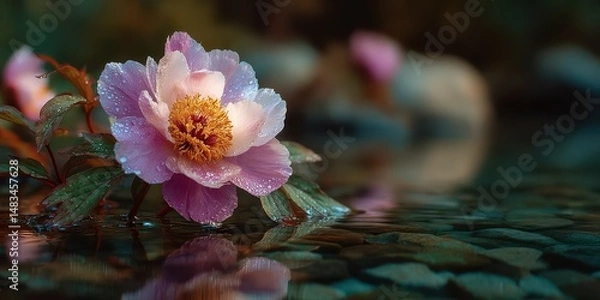 Fototapeta Beautiful peony flower with dew in tranquil water setting during early morning light