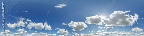 Fototapeta 360 hdri panorama of seamless cloudy blue sky with zenith and beautiful clouds before sunset for use in 3d graphics or game development as sky dome or edit drone shot