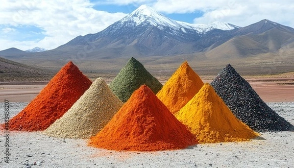 Fototapeta Colorful piles of spices are arranged in pyramid shapes outdoor. Show exotic ingredients, culinary diversity, or vibrant flavor.
