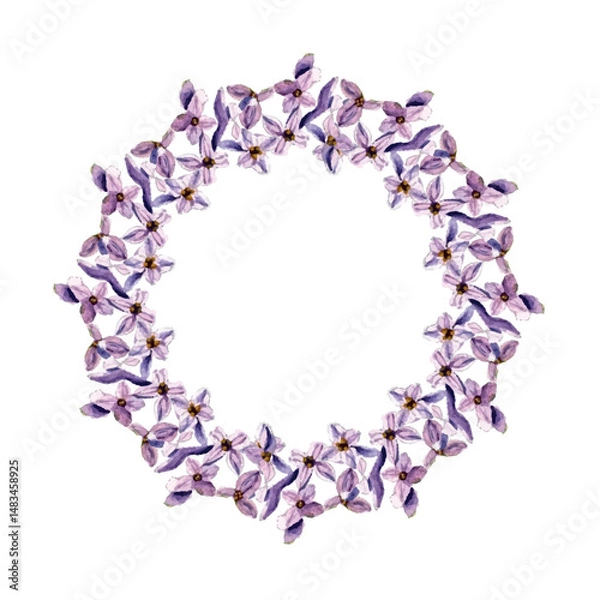 Fototapeta Lilac violet flowers wreath on white background watercolor hand paint stock vector illustration for web, for print, for banner, for postcard