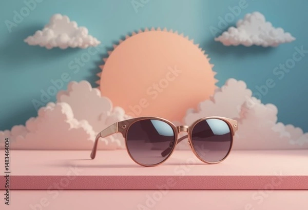 Fototapeta 3D graphic: stylish minimalist sunglasses on a flat surface, with paper clouds and sun behind, pastel tones.