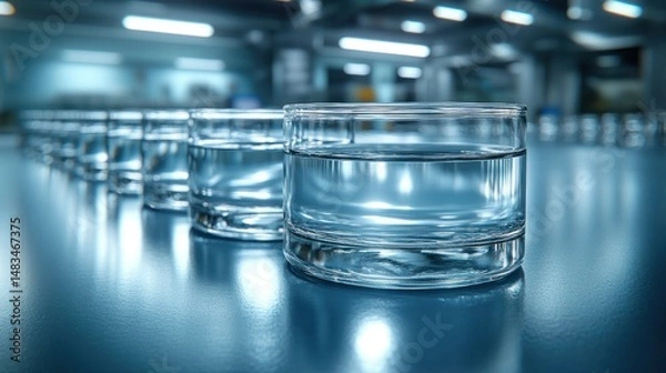 Fototapeta Clear liquid samples lined up on a table