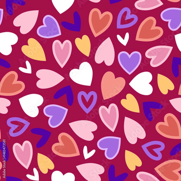 Fototapeta Modern multicolored hearts in seamless pattern on red background