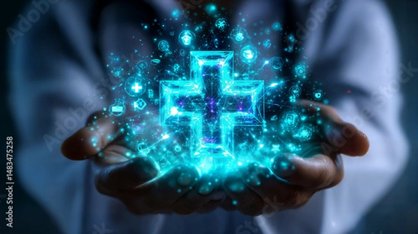 Fototapeta Healthcare professionals use innovative technology to visualize medical concepts and enhance patient care through a digital representation of a medical cross, showcasing various health symbols