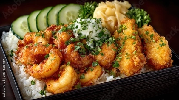 Fototapeta Colorful bento box meal featuring shrimp rice tempura pickles and a variety of fresh ingredients for balanced diet