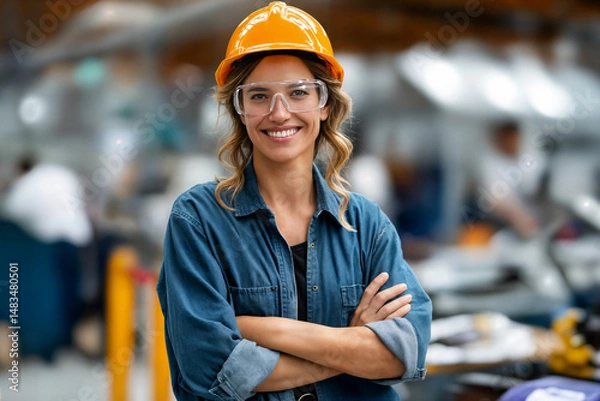 Fototapeta Confident woman in a hard hat and safety glasses stands with arms crossed in a busy workshop filled with machinery and workers during daylight hours