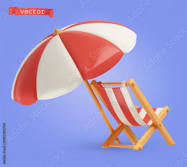 Fototapeta Beach umbrella and sun lounger. 3d realistic vector