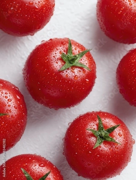 Obraz Tomatoes with water droplets, arranged on a clean white surface.