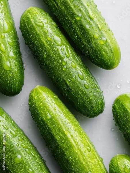 Obraz Cucumbers with water droplets, arranged on a clean white surface.