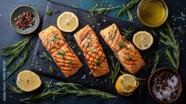 Fototapeta Fresh Salmon and Lemon Slices on Slate Board for Seafood Menu