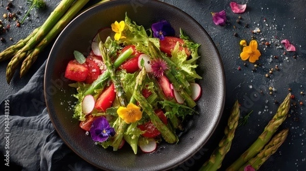 Fototapeta Fresh Salad with Asparagus and Tomatoes on Plate