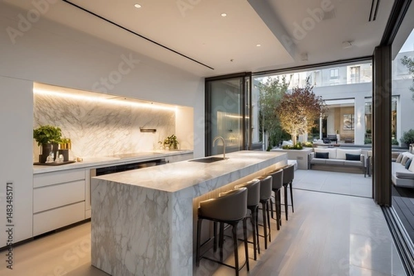 Fototapeta Gourmet kitchen with a rooftop terrace captured in soft ambient lighting, showing modern architecture, detailed textures, and clean surroundings.
