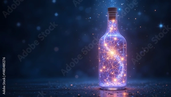 Fototapeta Magical Starlight Potion Glows Within A Slender Glass Bottle. Light Dances As Particles Form Celestial Constellations Inside, Creating A Beautiful, Ethereal Scene. A Captivating Image For Dreams And