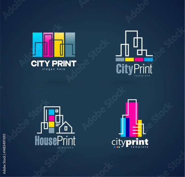 Obraz Set Logo City Print СMYK Printing Polygraphy theme. Silhouette Buildings lines style. Template design vector. Black background.