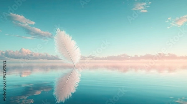 Fototapeta White Feather on Calm Water Surface with Sky and Clouds