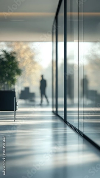 Fototapeta Interior of modern office building with person walking in a blurred background