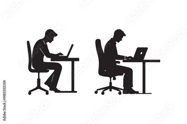 Fototapeta Office Work Silhouette Man Working on Laptop at Desk Vector Illustration