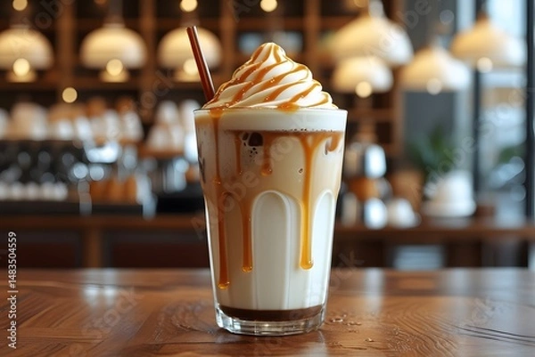 Obraz Indulge in the Creamy Delight Caramel Swirl Iced Coffee, a Perfect Blend of Coffee and Sweetness