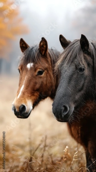 Fototapeta Horses standing in a misty field during autumn showcasing their beauty and serene presence