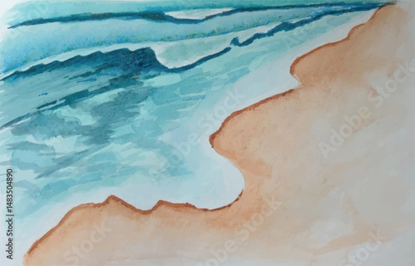 Fototapeta Waves crashing onto a sandy beach. Ocean or sea blue and beige background for web, for print, for postcard stock vector illustration