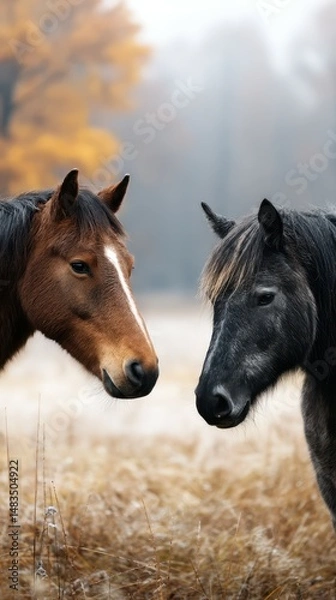 Fototapeta Two horses interact in a misty meadow during fall in a tranquil rural setting