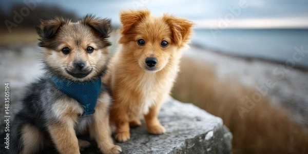 Fototapeta Two adorable puppies enjoying a scenic moment by the water during a cloudy day in early evening light