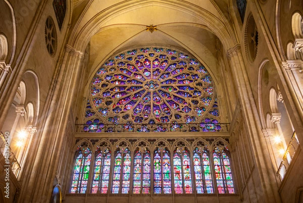 Fototapeta Paris, France. 31-Jan-2025. One of the three wonderful Rose windows of the Notre-Dame Cathedral in Paris