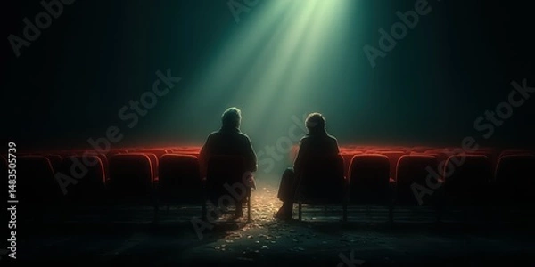 Fototapeta Two figures seated in an empty theater under dramatic lighting, reflecting on memories and shared experiences