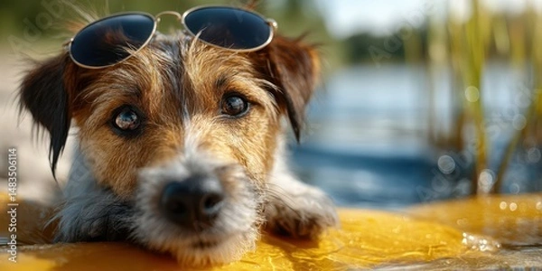 Fototapeta Dog relaxes by the water wearing sunglasses on a sunny day in a natural setting