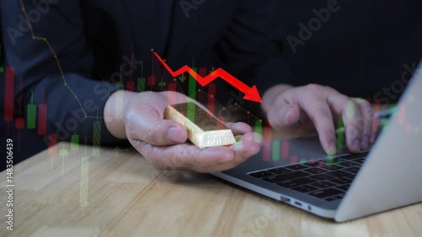 Fototapeta Businessman holding gold bars in hand, gold price falling, gold downtrend, gold trading idea, red arrow pointing down