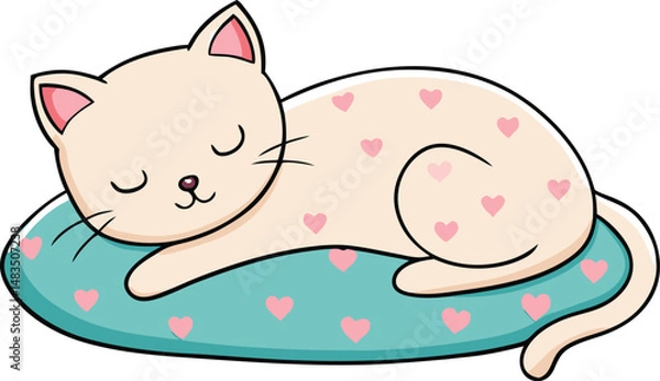 Fototapeta Adorable Cartoon Cat Sleeping Peacefully on Heart Patterned Pillow