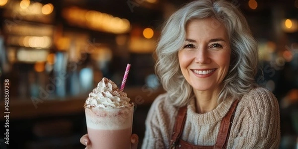 Fototapeta Smiling woman enjoying a decorative beverage in a cozy cafe during the afternoon