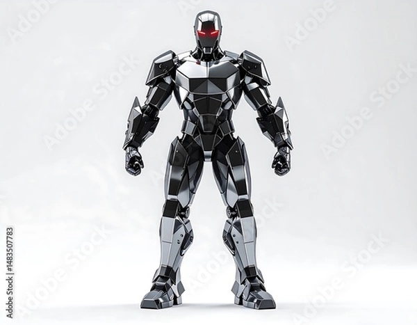 Fototapeta Chrome Robot in Full Standing Pose with Red Eyes against White Background