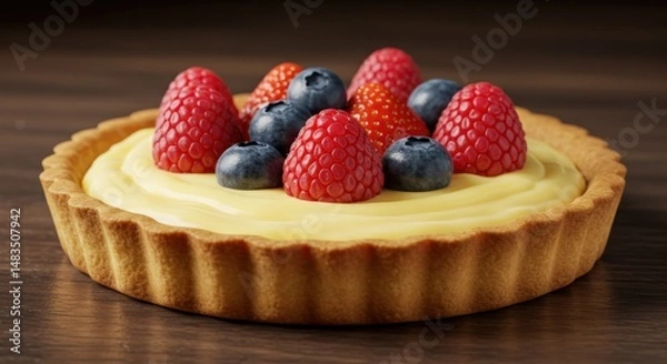 Fototapeta Slice of lemon cheesecake with lemon slices on top on a light background.