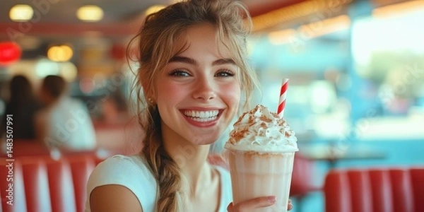 Fototapeta Joyful young woman enjoying a milkshake in a vibrant diner during summer afternoon with friends nearby
