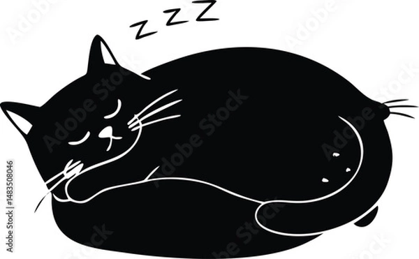Obraz Cute Black Cat Sleeping Curled Up in Ball Silhouette