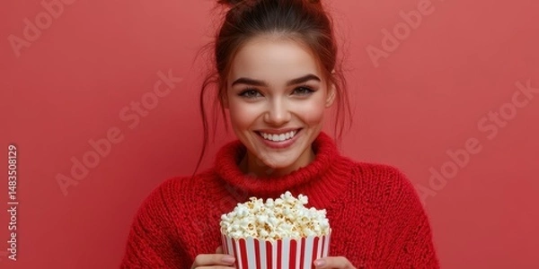 Fototapeta Bright smile on a woman holding popcorn while wearing a cozy sweater against a pink background in a cheerful indoor setting