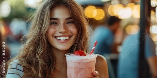 Fototapeta Young woman smiles while holding a colorful drink with a strawberry at a lively outdoor cafe in the afternoon