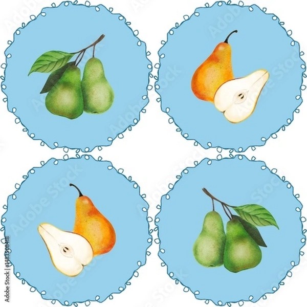 Obraz seamless pattern with Illustration of pear, fruit, summer, tropical.