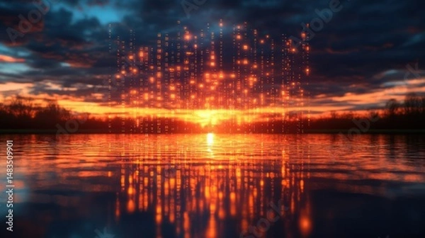 Obraz Sunset digital rain over tranquil lake