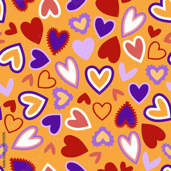 Fototapeta Modern multicolored hearts of different shapes in seamless pattern on orange background