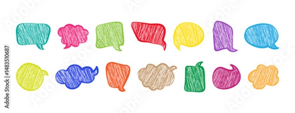 Fototapeta Speech bubble crayon, dialogue chalk, cloud charcoal, kid text box pastel, comic frame icon, talk balloon pencil, sketch colorful scribble, chat doodle set pen texture on white bg. Vector illustration