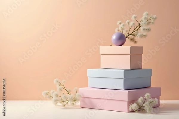 Obraz Pastel Gift Boxes with Delicate Winter Branches A Festive and Elegant Holiday Scene, Perfect for Seasonal Decorations and Creative Inspirations