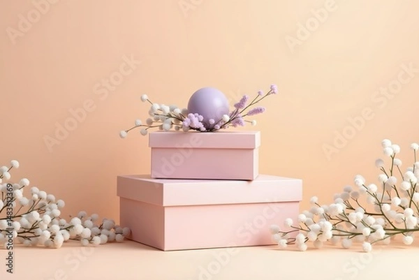 Obraz Elegant Pastel Gift Boxes with Delicate Floral Arrangements A Perfect Present for Any Occasion