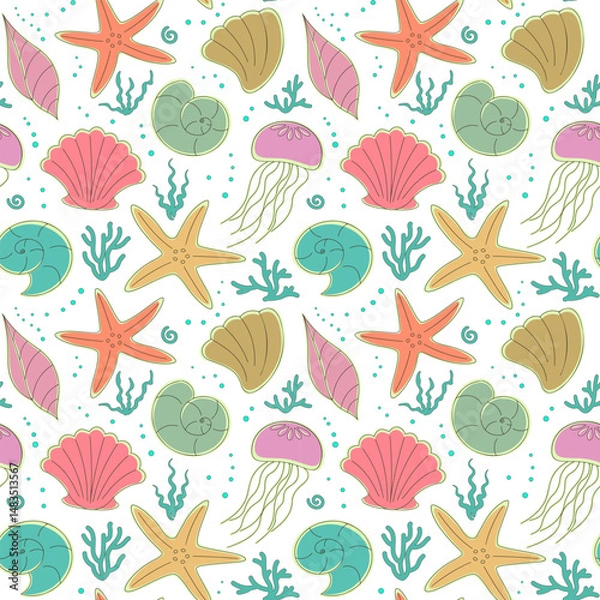 Fototapeta Seamless pattern of sea life, with shells, starfish, corals and jellyfish. Colorful vector elements on white background