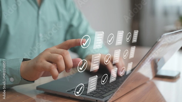 Obraz Hands interacting with virtual checklist interface, Concept of task management, to-do list, and productivity planning.