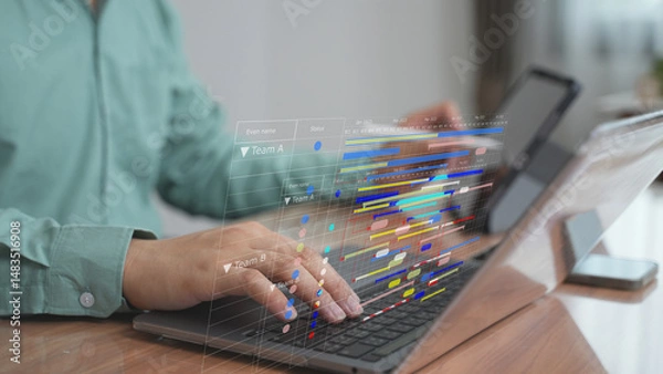 Obraz Businessman planning strategy on digital interface with colorful data flow – Concept of project planning, business roadmap, and performance management.