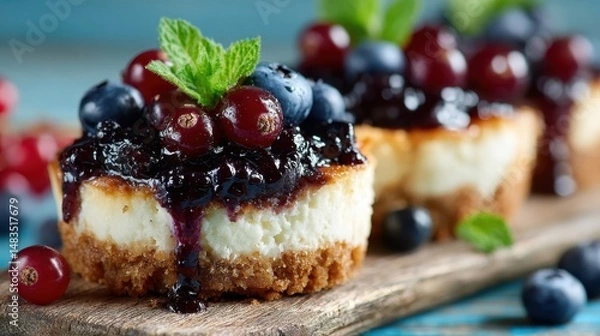 Fototapeta Mini cheesecakes with blueberries and cream topping presented in a close-up with soft pastel background