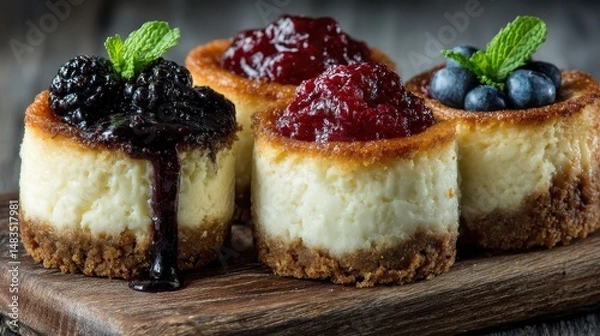 Fototapeta Elegant mini cheesecakes topped with fresh fruit served on a soft pastel background for a delightful dessert experience
